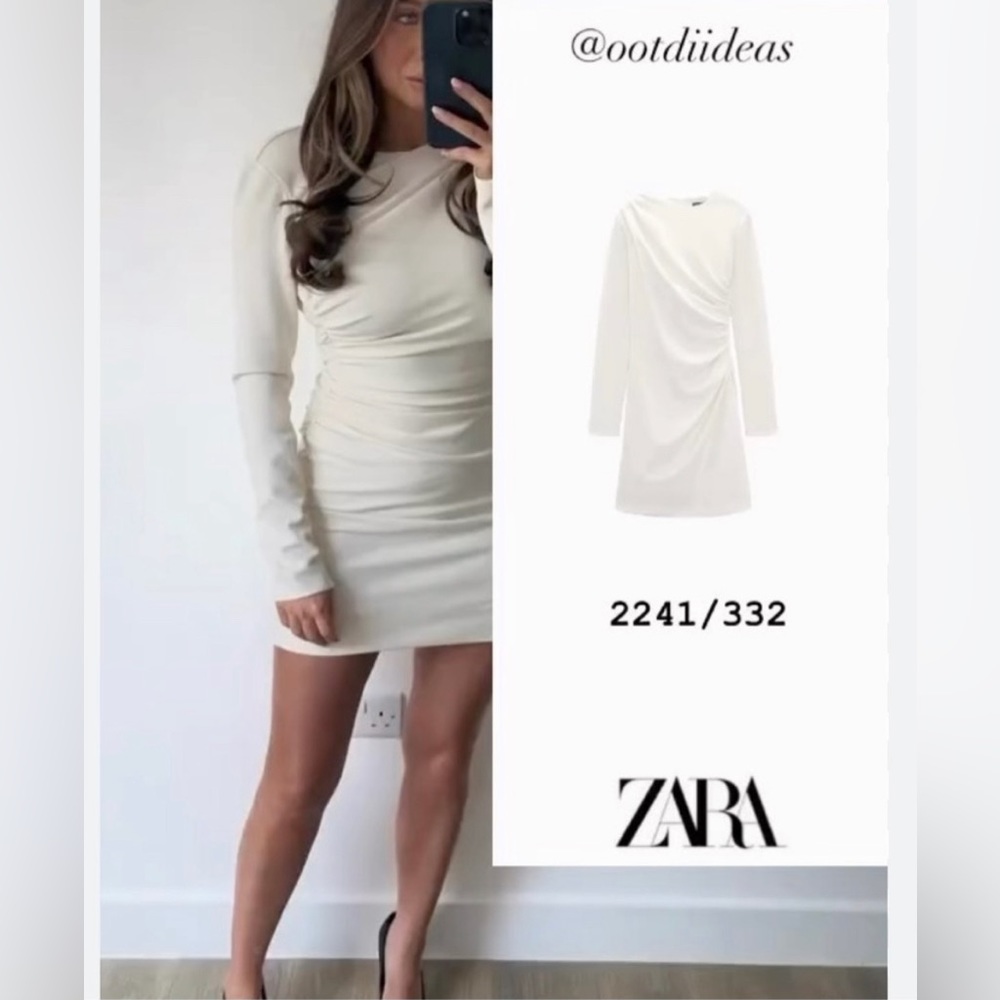 Zara long sleeve oyster white mini ruching dress size M